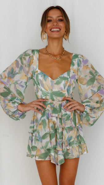 Green Foliage Print Long Sleeve Dress