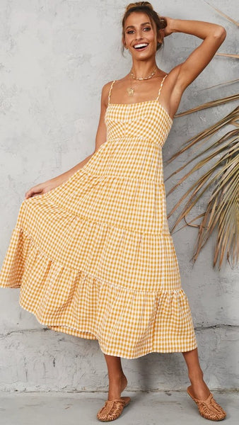 Yellow Plaid Slip Midi Dress
