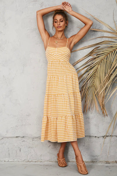 Yellow Plaid Slip Midi Dress