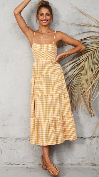 Yellow Plaid Slip Midi Dress