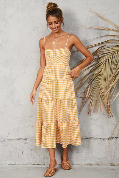 Yellow Plaid Slip Midi Dress