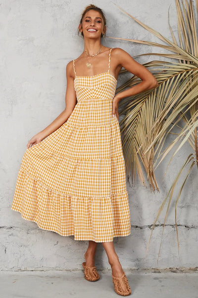 Yellow Plaid Slip Midi Dress