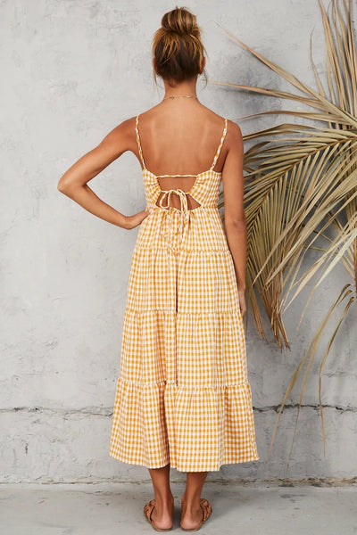 Yellow Plaid Slip Midi Dress