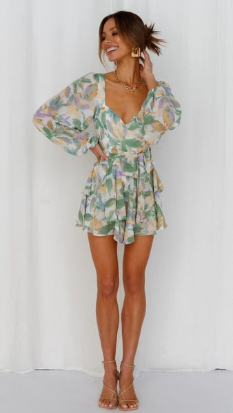 Green Foliage Print Long Sleeve Dress
