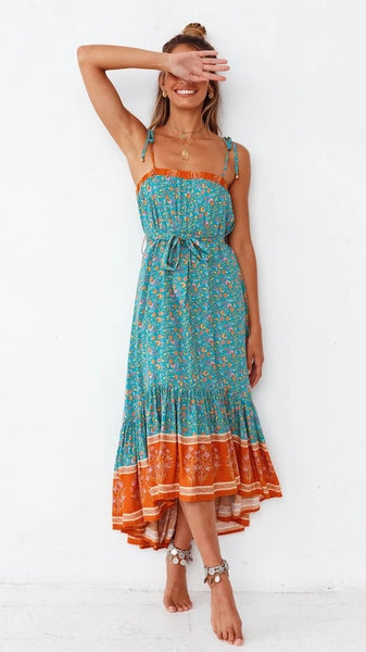 Turquoise Boho Floral Midi Dress