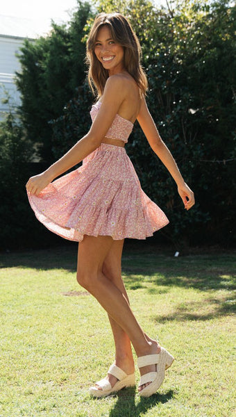 Pink Floral Crop Top and Skirt Sets