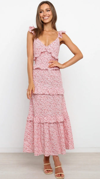 Pink Floral Tiered Sleeveless Midi Dress