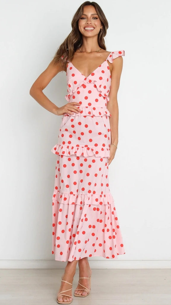 Pink Polka Dot Tiered Sleeveless Midi Dress