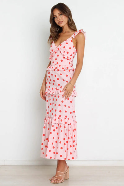 Pink Polka Dot Tiered Sleeveless Midi Dress
