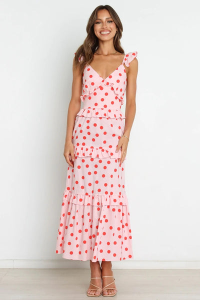 Pink Polka Dot Tiered Sleeveless Midi Dress