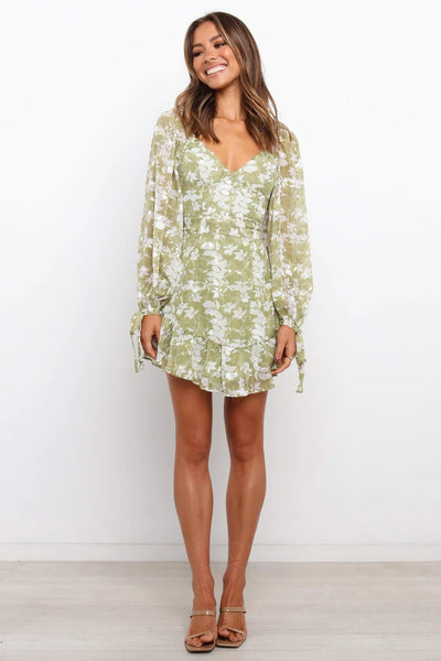 Green Floral Long Sleeves Mini Dress