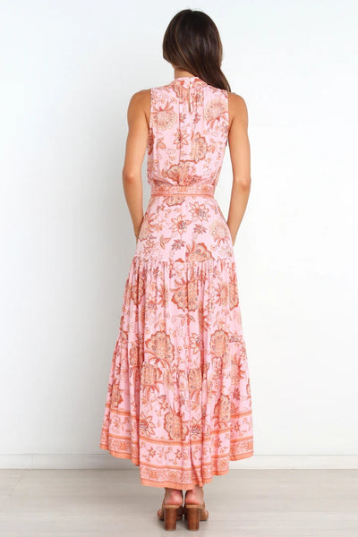 Pink Floral Waist Tie Midi Dress