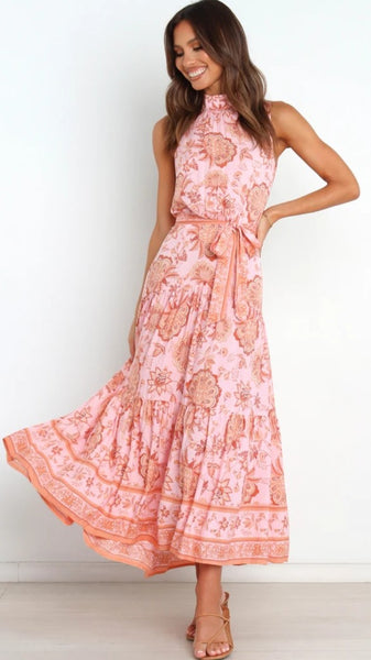 Pink Floral Waist Tie Midi Dress