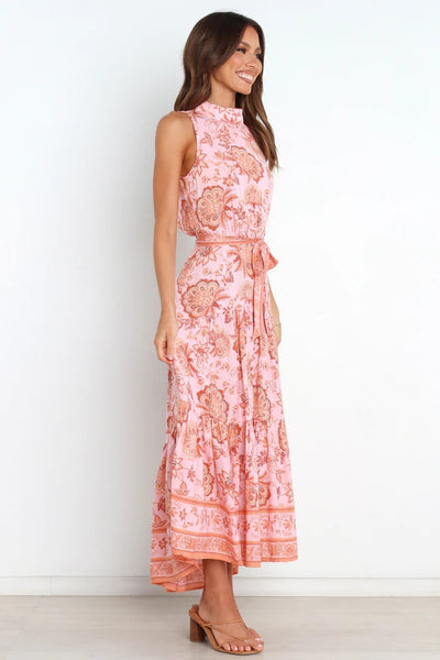 Pink Floral Waist Tie Midi Dress