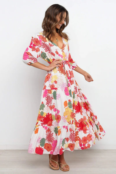 Rose Print Withdraw Midi Dress