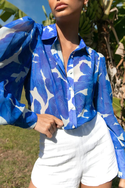 Blue Floral Button Down Blouse