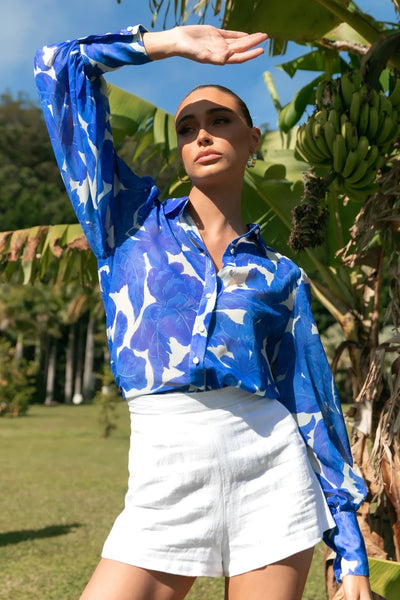 Blue Floral Button Down Blouse