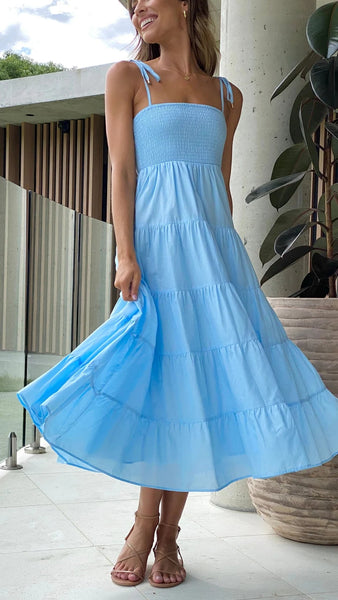Blue Shoulder Tie Tiered Midi Dress