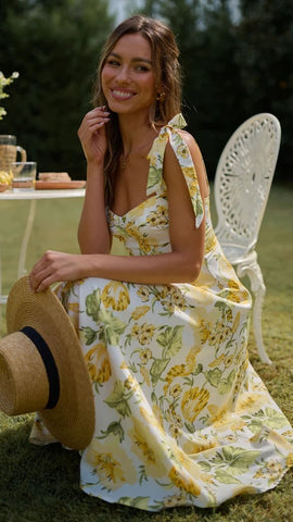 Lemon Floral Shoulder Tie Midi Dress