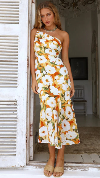 Orange Floral One Shoulder Midi Dress