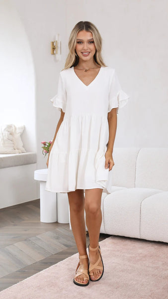 White Solid Minimal Mini Dress