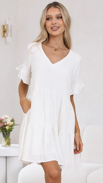 White Solid Minimal Mini Dress