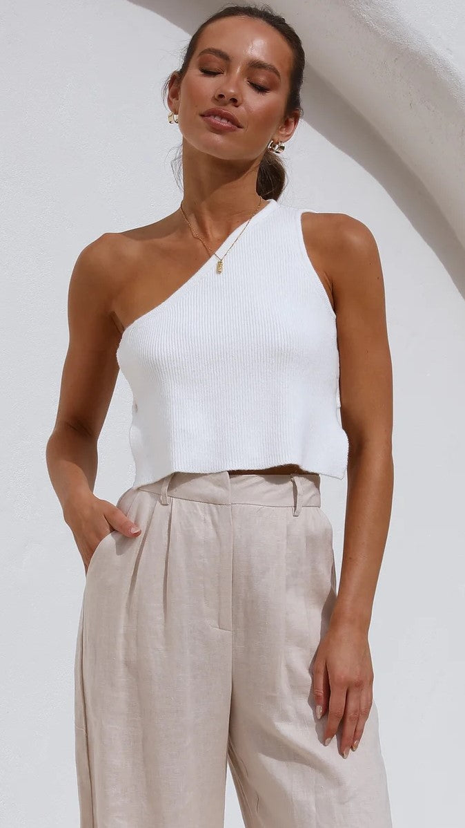 White One Shoulder Ribbed Knit Crop Top