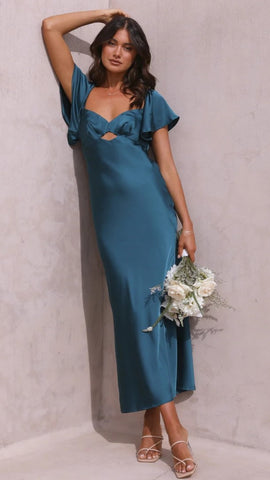 Teal Satin Midi Dress