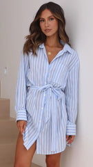 Blue Striped Long Sleeves Mini Dress