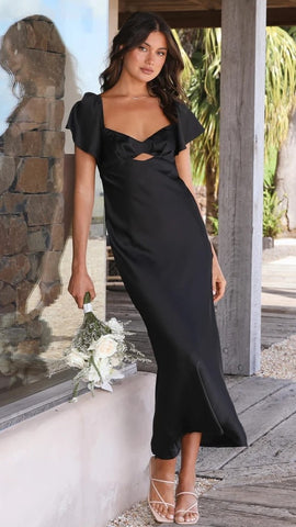 Black Satin Midi Dress