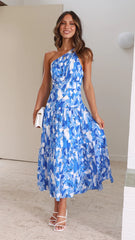 Blue Floral One Shoulder Midi Dress