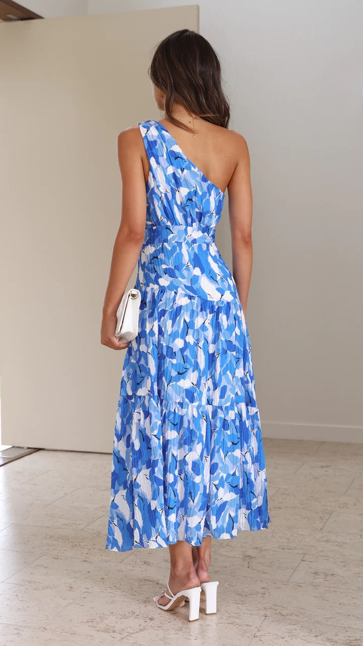 Blue Floral One Shoulder Midi Dress