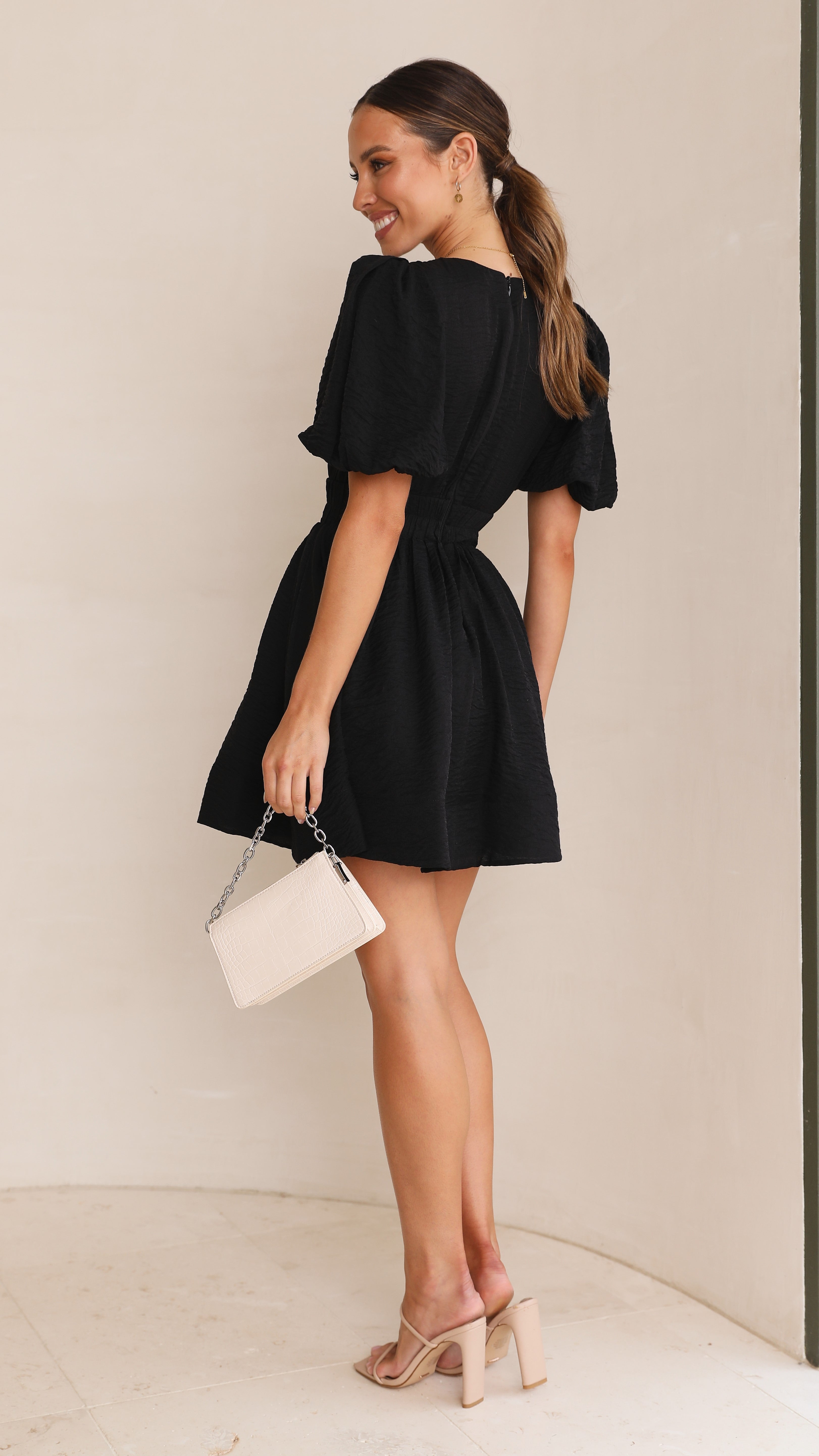 Erin Shirred Waist L/S Dress in Black