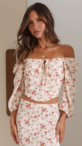 Beige Floral Off Shoulder Crop Top