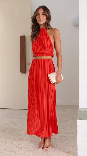 Red Pleated Crop Top and Skirt Sets