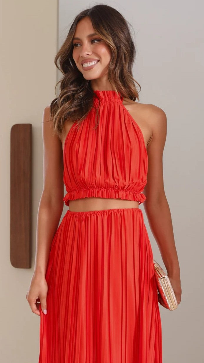 Red Pleated Crop Top and Skirt Sets