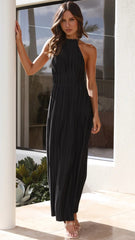 Black Pleated Halter Midi Dress