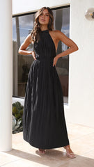 Black Pleated Halter Midi Dress