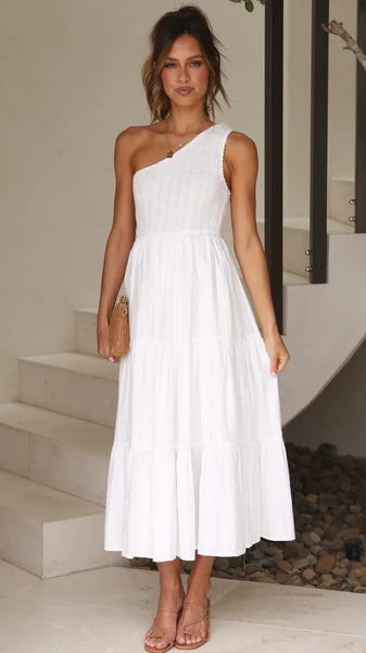 White One Shoulder Midi Dress