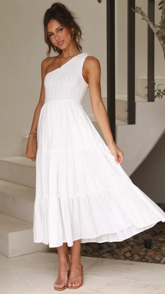 White One Shoulder Midi Dress