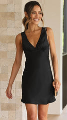 Black Sleeveless Satin Mini Dress