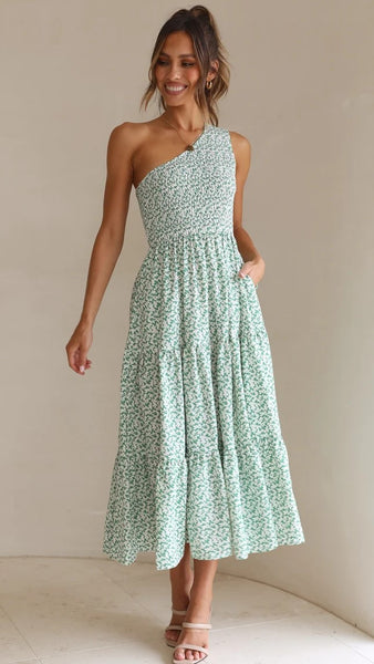 Green Floral One Shoulder Midi Dress