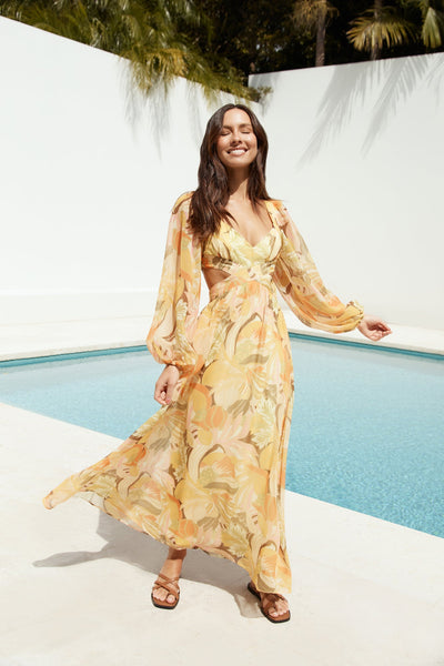 Starlight Blooms Long Sleeve Maxi Dress Yellow