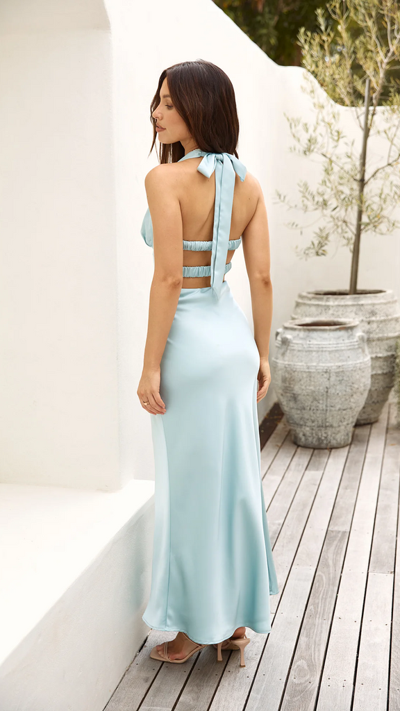 True Elegance Halter Satin Maxi Dress Sage Gabi Swimwear True Elegance Halter Satin Maxi Dress Sage Gabi Swimwear