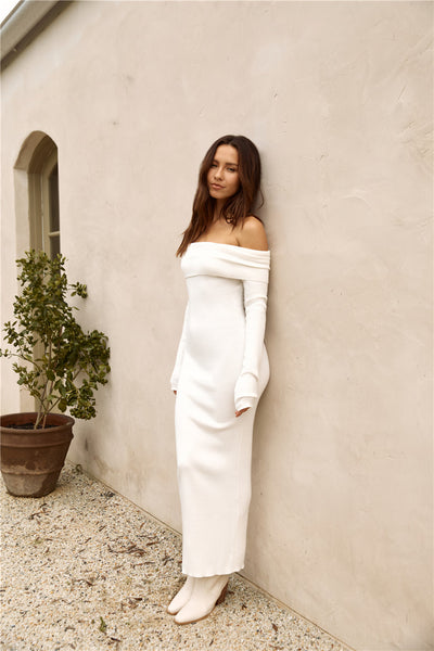 Angels Sing Off Shoulder Knit Maxi Dress White