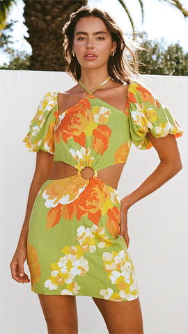 Green Floral Sunset Mini Dress