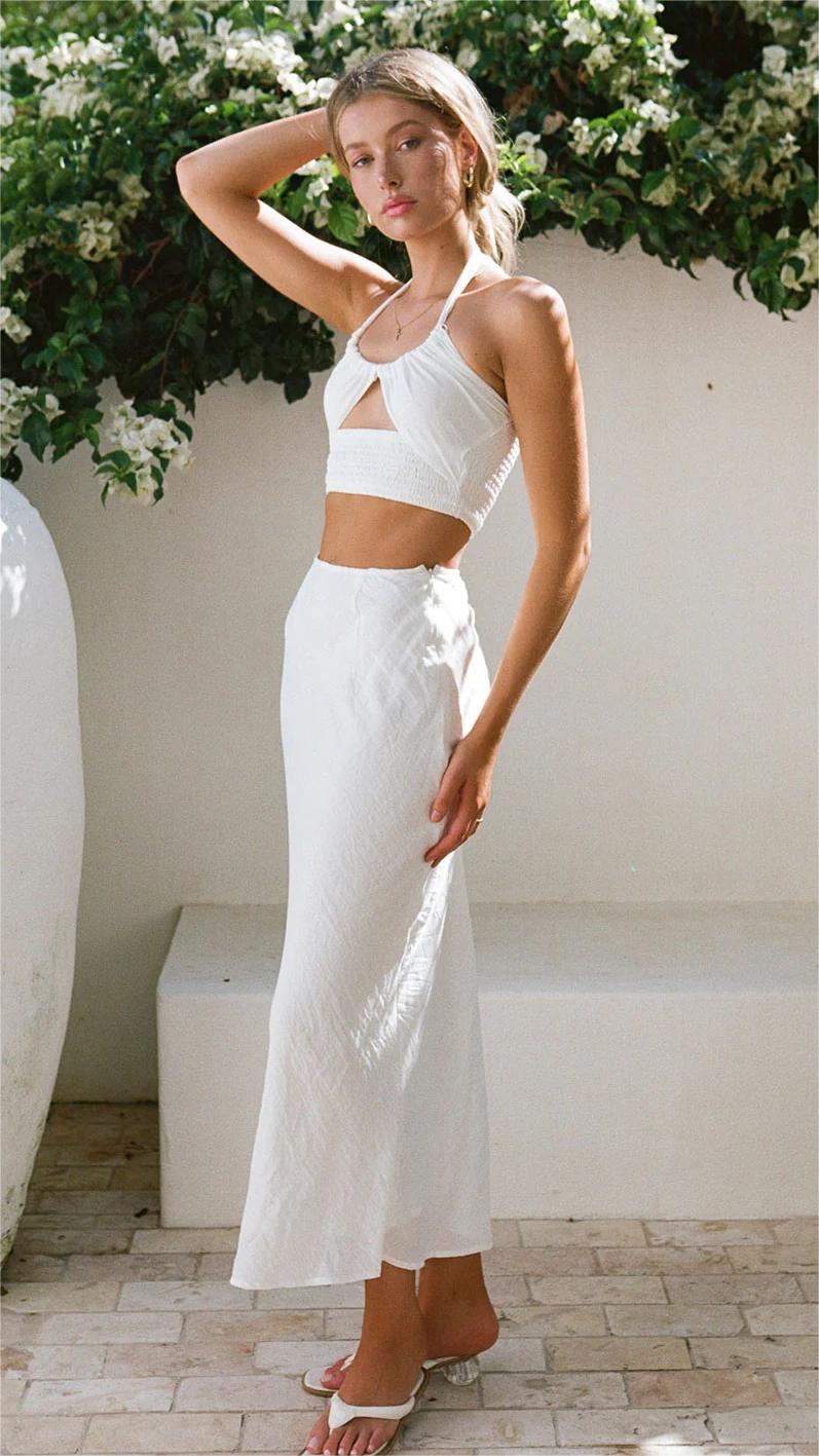 White Solid Midi Skirts