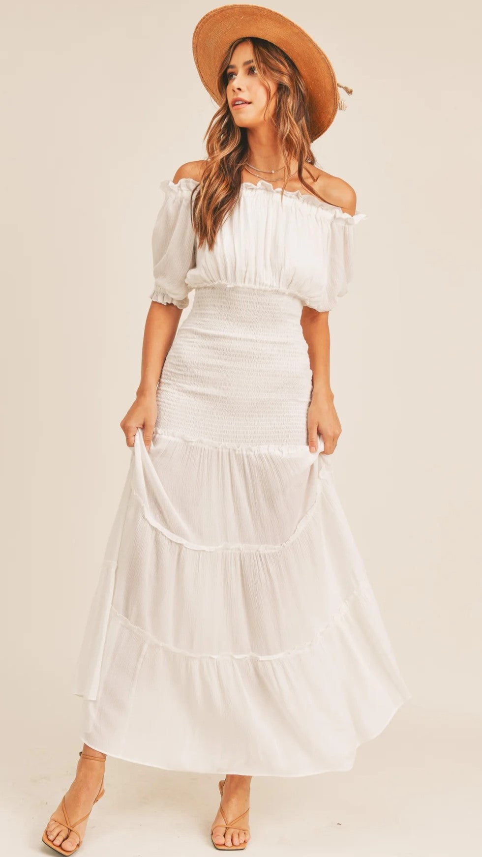 White Off Shoulder Midi Dress