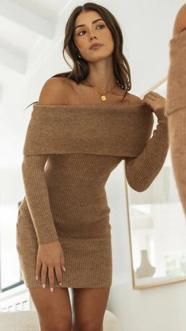 Camel Off Shoulder Knit Mini Dress