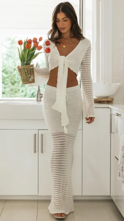 Cream Crochet Knit Midi Skirts
